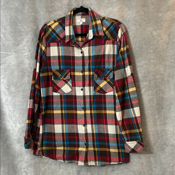Womens Multicolor Plaid Button-Down Shirt -Size Large - Picture 2 of 7